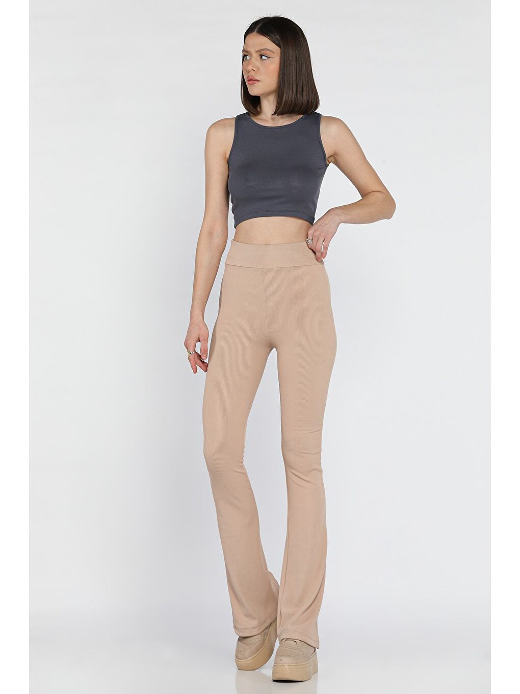 Bej Kadın Yüksek Bel İspanyol Paça Fitilli Tayt