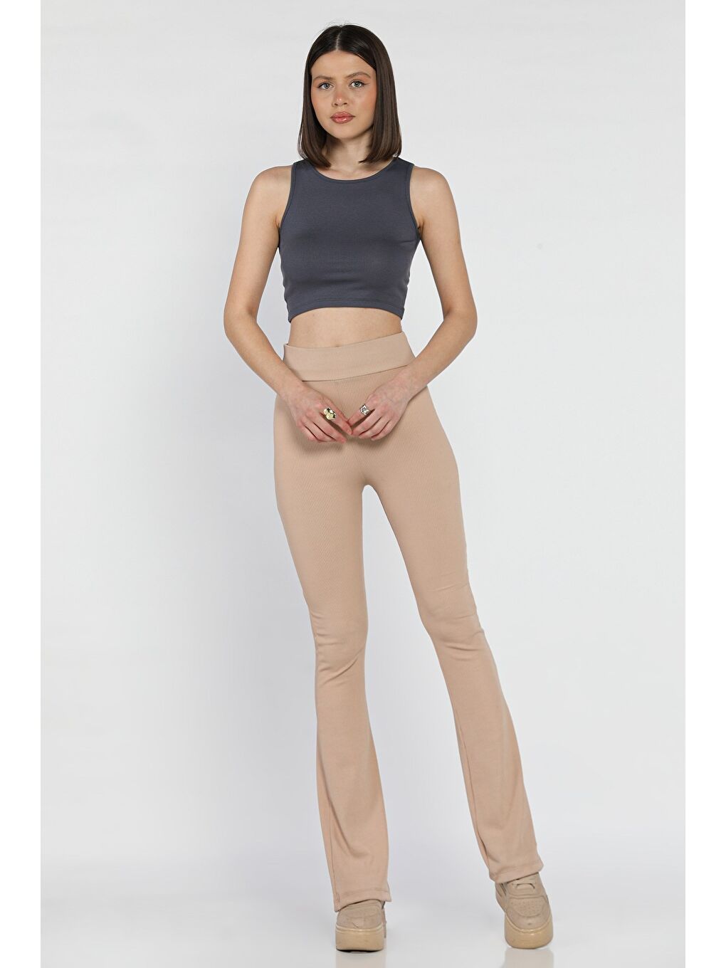Bej Kadın Yüksek Bel İspanyol Paça Fitilli Tayt-1