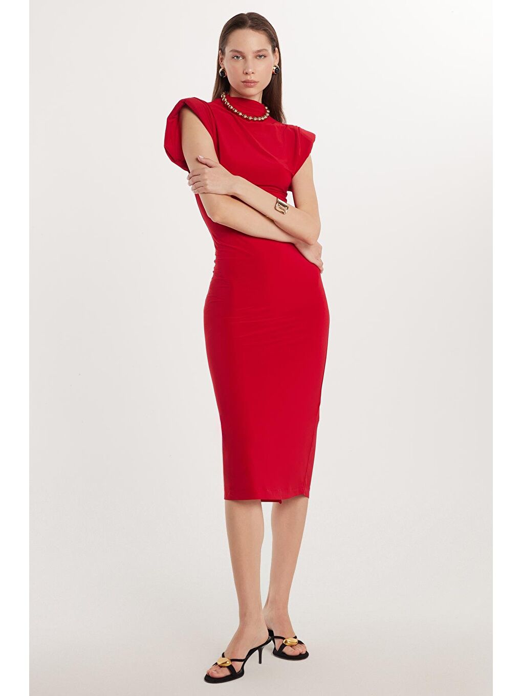 Kadın Slim Fit Dar Kesim Sıfır Kol Yarım Balıkçı Yaka Kırmızı Elbise