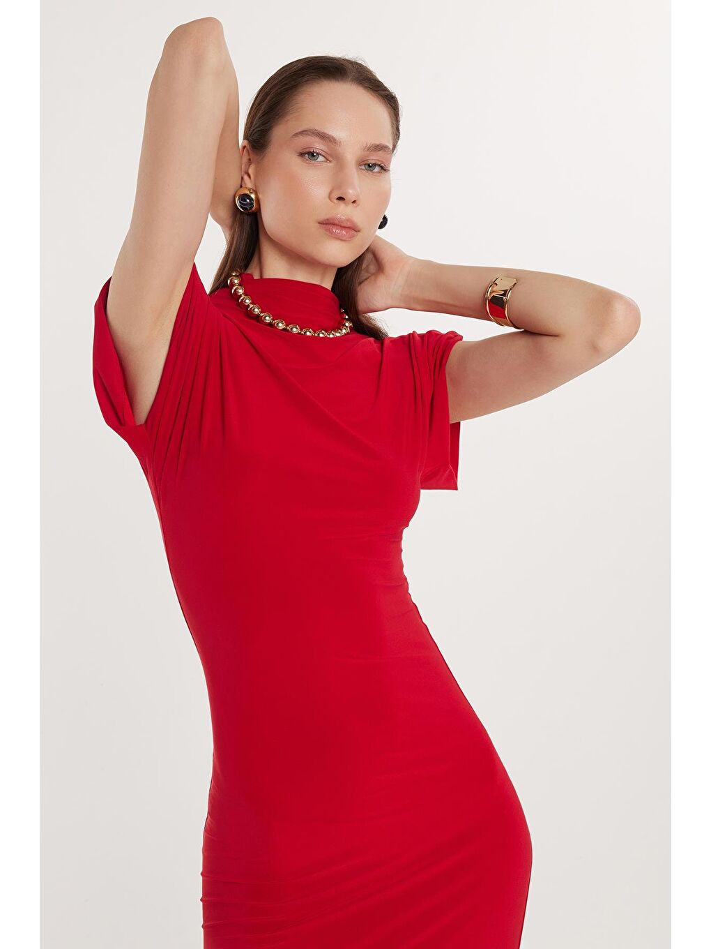 Kadın Slim Fit Dar Kesim Sıfır Kol Yarım Balıkçı Yaka Kırmızı Elbise-1