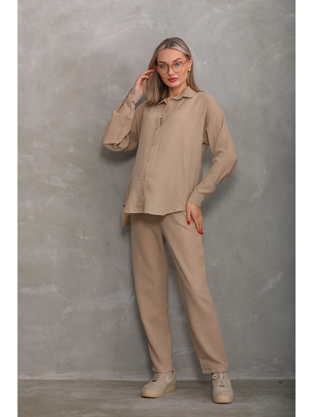 Bej Bürümcük Oversize Hamile Gömlek Pantolon Takım-1