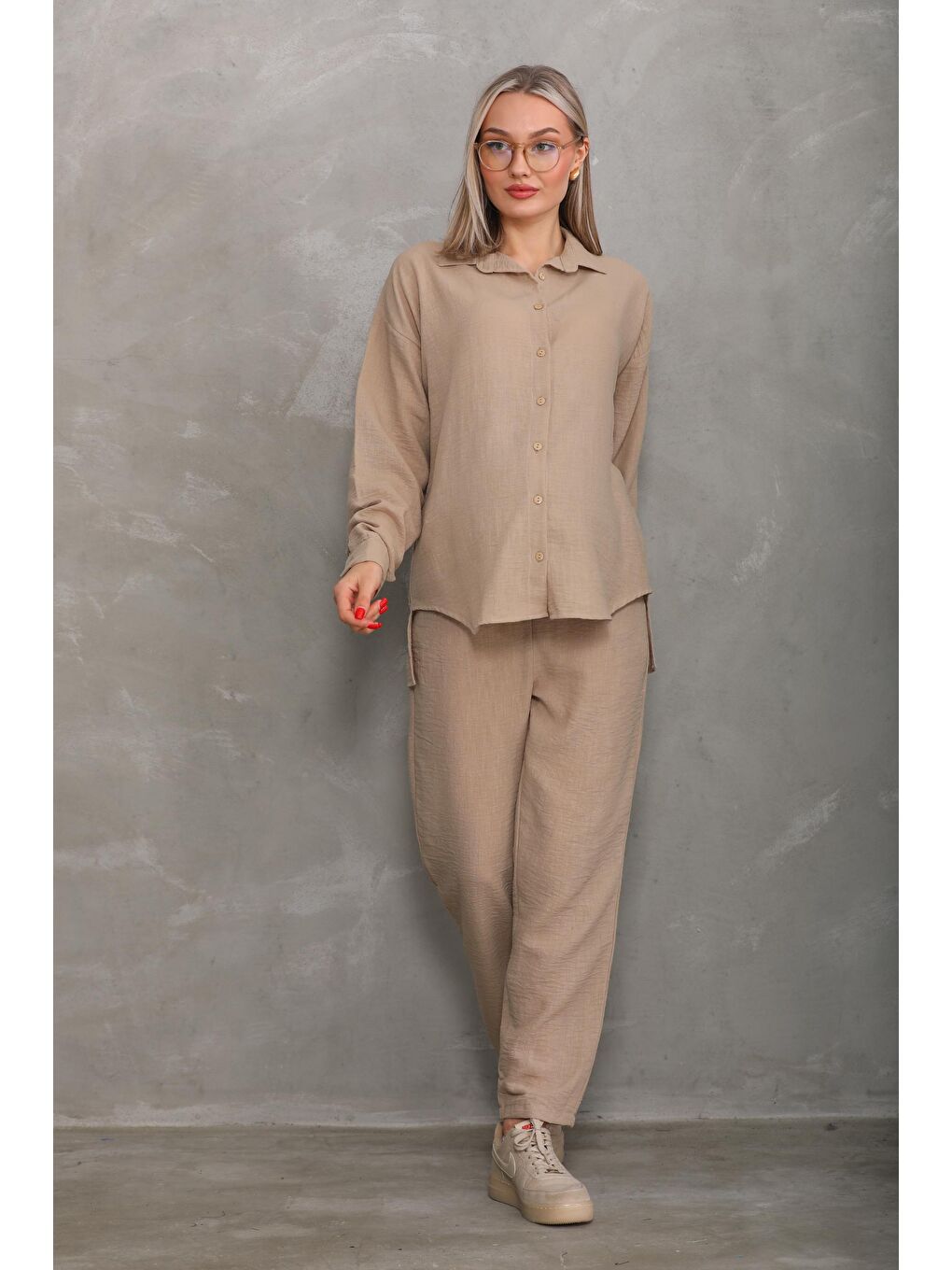 Bej Bürümcük Oversize Hamile Gömlek Pantolon Takım-2