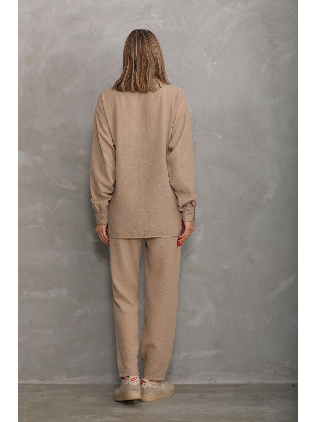 Bej Bürümcük Oversize Hamile Gömlek Pantolon Takım-3