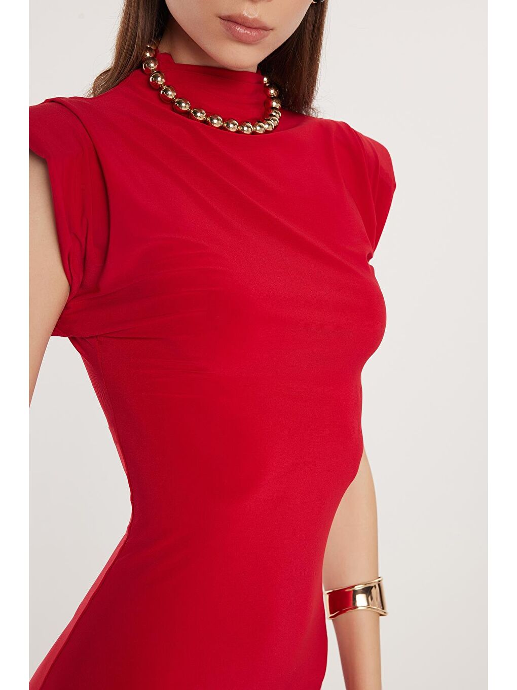 Kadın Slim Fit Dar Kesim Sıfır Kol Yarım Balıkçı Yaka Kırmızı Elbise-2