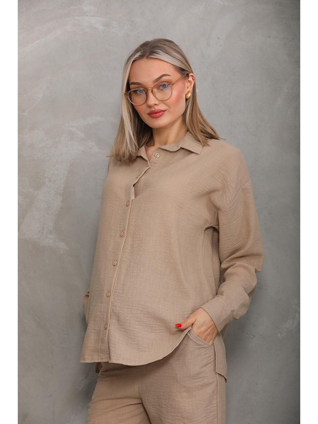 Bej Bürümcük Oversize Hamile Gömlek Pantolon Takım-4