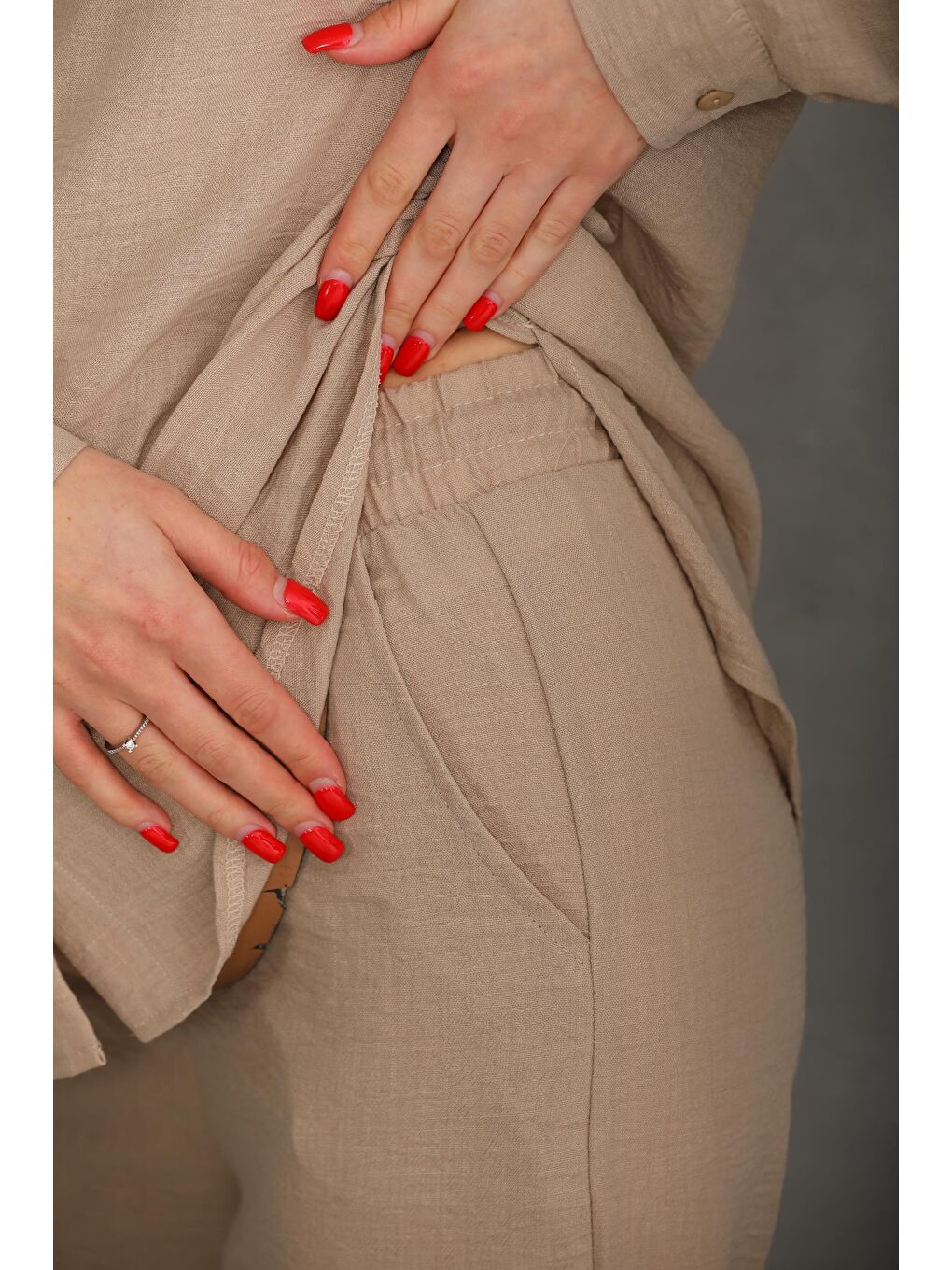 Bej Bürümcük Oversize Hamile Gömlek Pantolon Takım-5