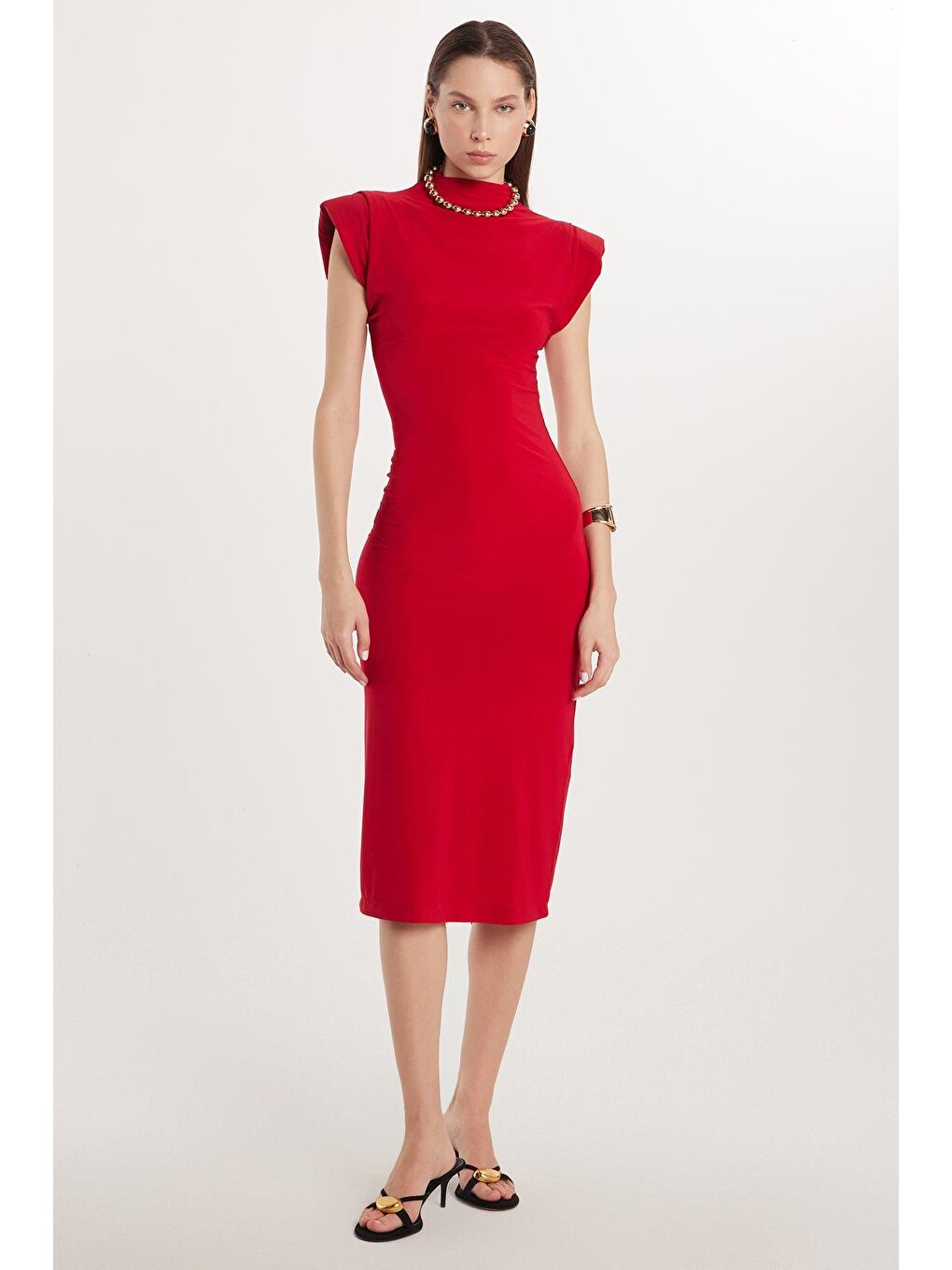 Kadın Slim Fit Dar Kesim Sıfır Kol Yarım Balıkçı Yaka Kırmızı Elbise-3