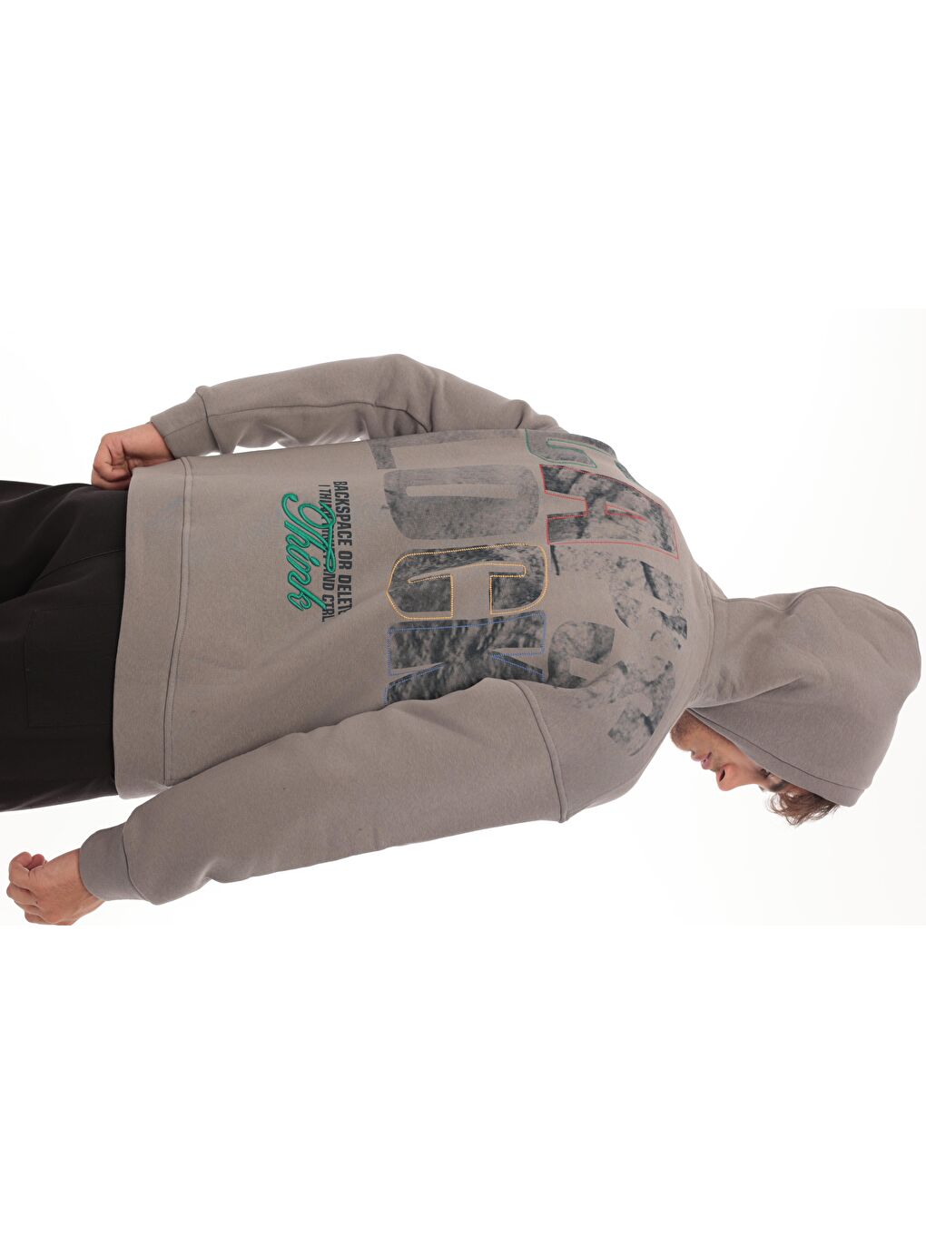 Miron Füme Sırtı Baskılı Kapüşonlu Üç İplik Oversize Sweatshirt  2441