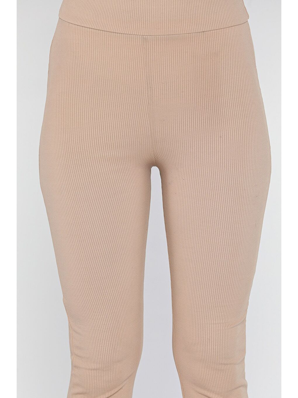 Bej Kadın Yüksek Bel İspanyol Paça Fitilli Tayt-3