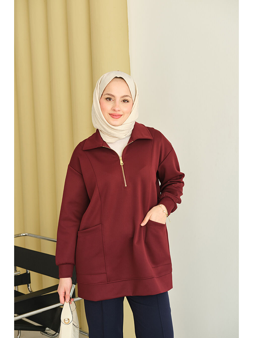 Kadın Cep Ve Yaka Detay Yarım Fermuarlı Sweat Bordo-1