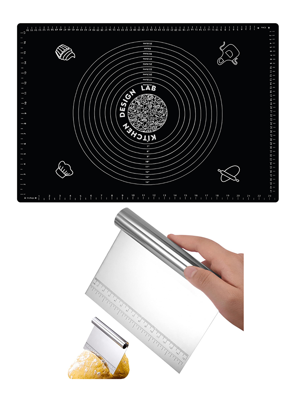 Siyah Silikon Ölçülü  Hamur Açma Matı 45x65 cm ve Ölçülü Çelik Hamur Kesme Spatulası