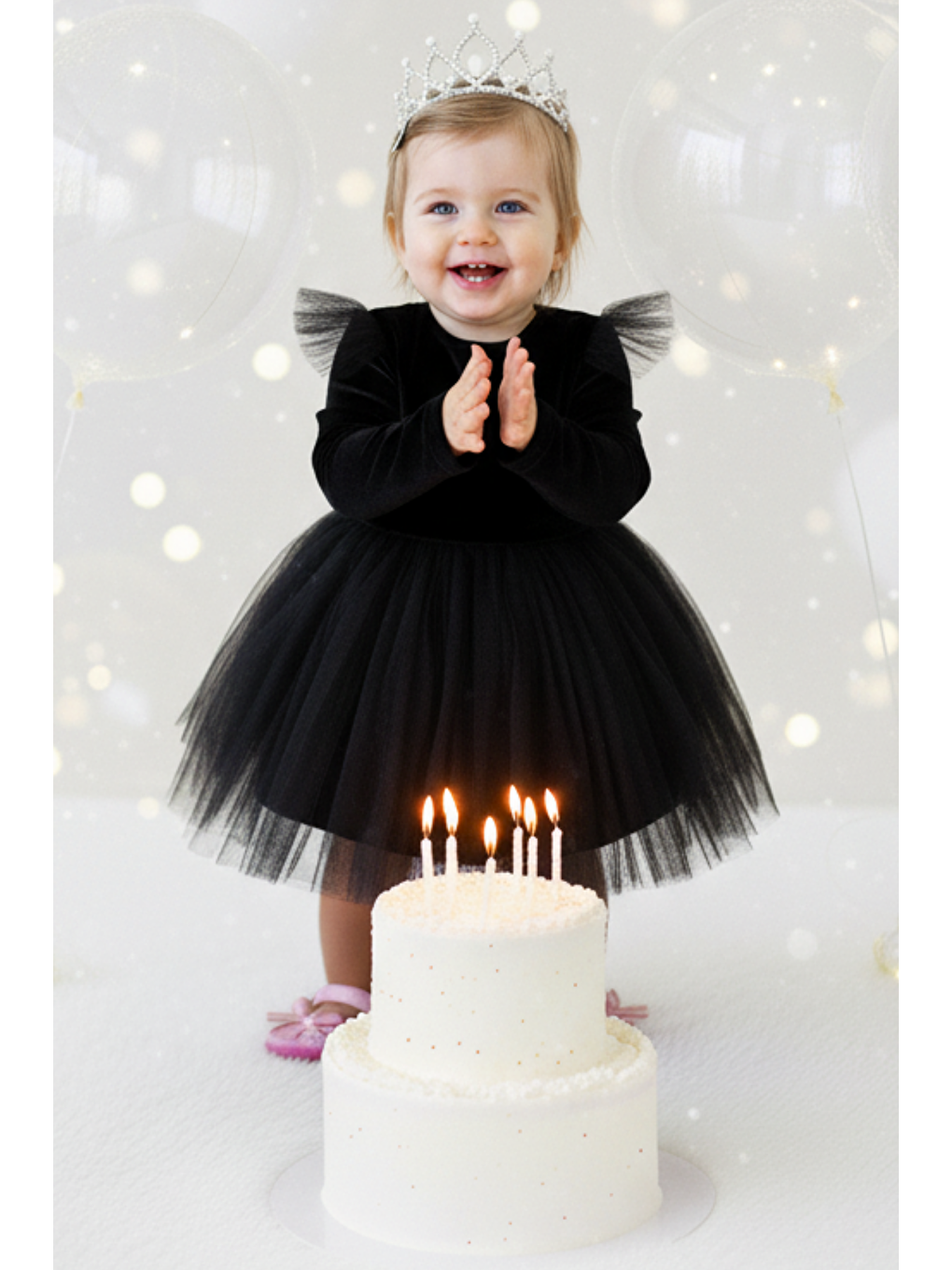 Kız Çocuk Pearly Siyah Uzun Kollu Kadife Tüllü Tütü Yılbaşı Düğün Doğum Günü Parti Elbisesi