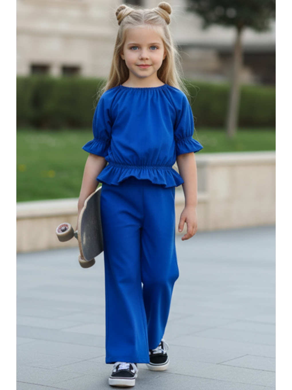 Kız Çocuk Saks Mavi Ocean Madonna Yaka Pantolon Bluz Takım-1