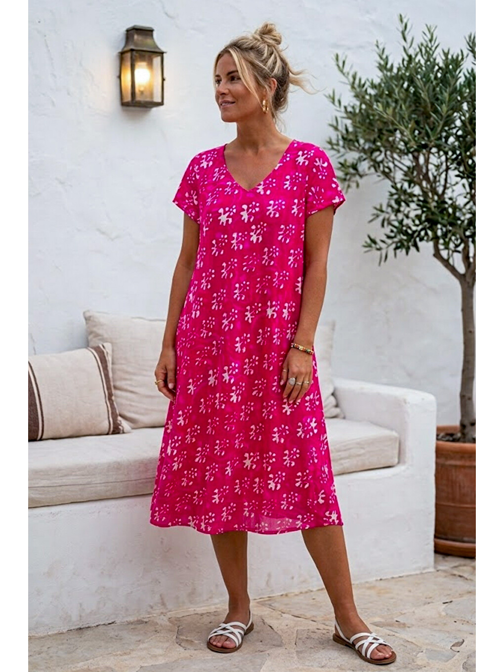 Pembe V Yaka Kısa Kol Desenli Casual Viskon Dokuma Elbise 113 64-3