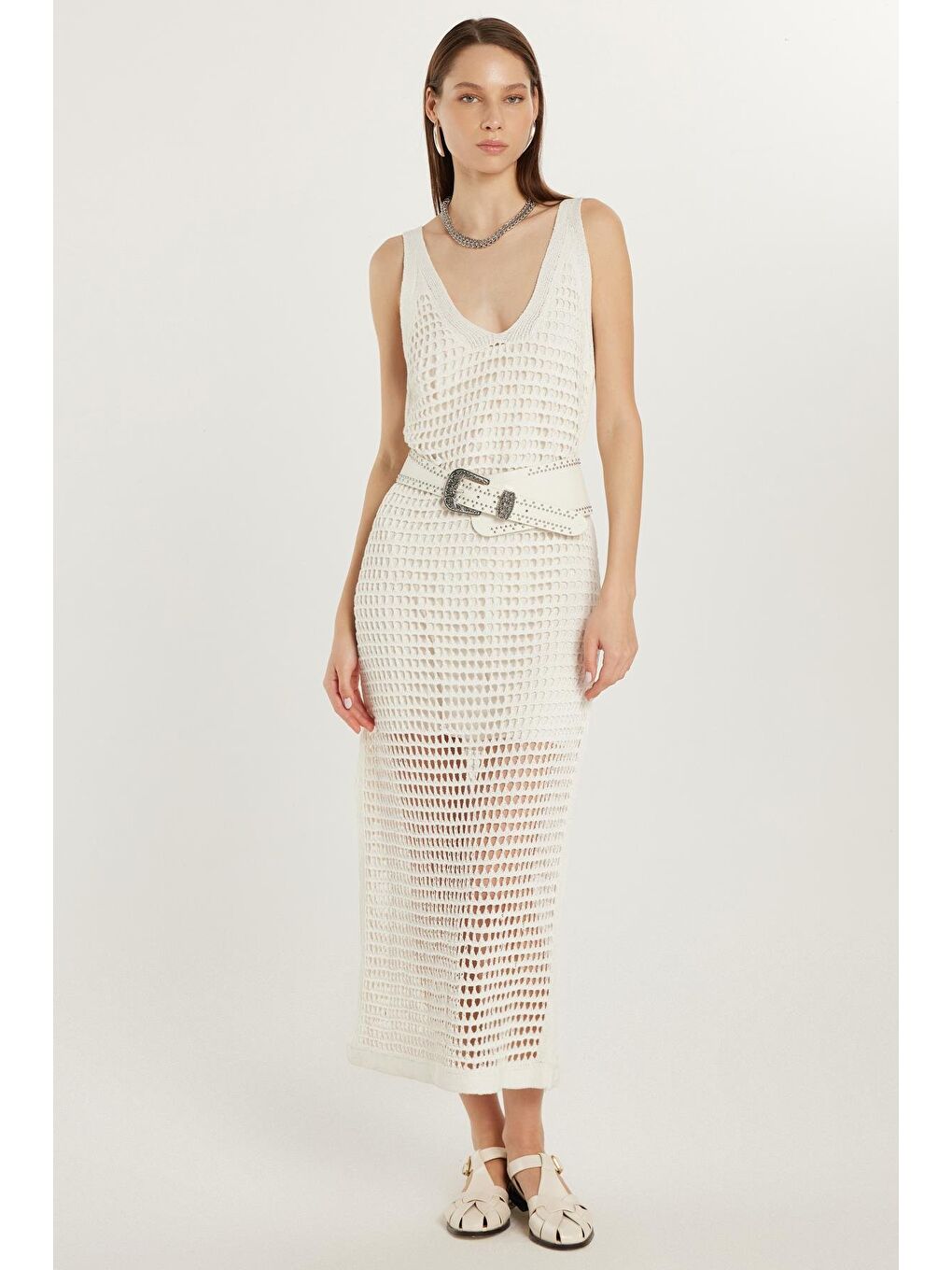 Kadın Standart Fit Desenli U Yaka Ekru Elbise