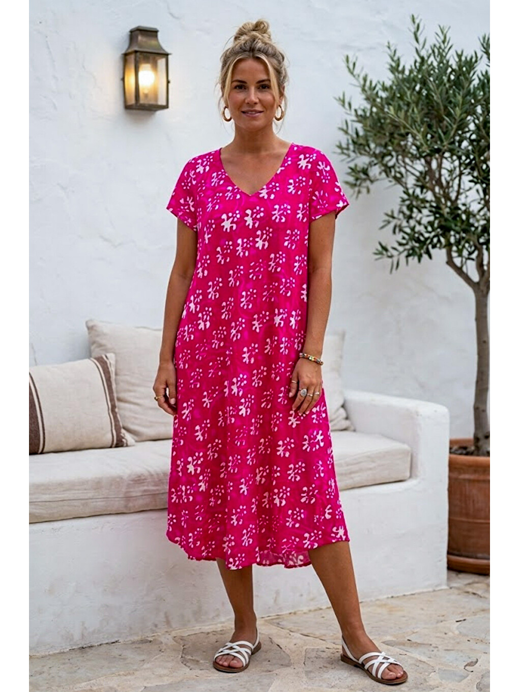 Pembe V Yaka Kısa Kol Desenli Casual Viskon Dokuma Elbise 113 64-4