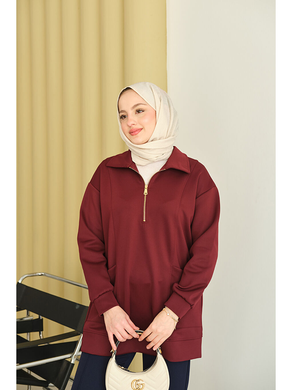 Kadın Cep Ve Yaka Detay Yarım Fermuarlı Sweat Bordo-2
