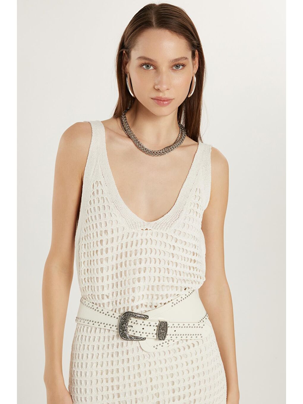 Kadın Standart Fit Desenli U Yaka Ekru Elbise-1