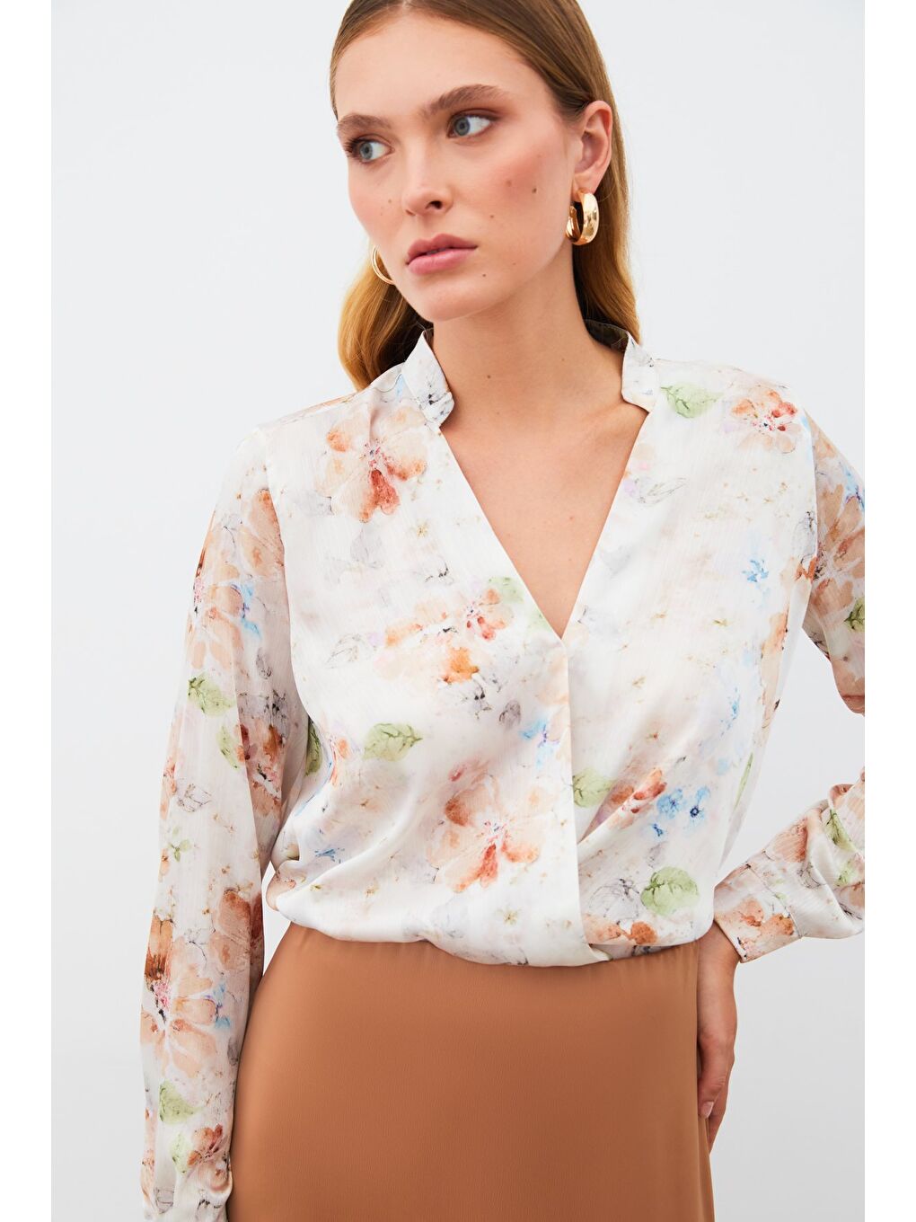 Bej Desenli Kruvaze Bluz - Vizon-2