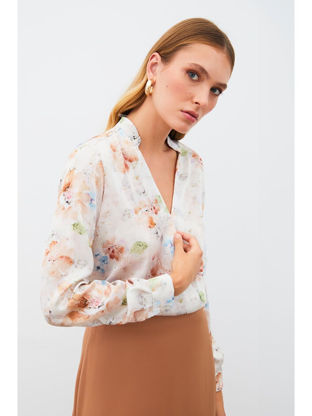 Bej Desenli Kruvaze Bluz - Vizon-3