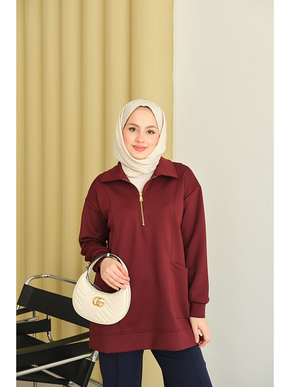 Kadın Cep Ve Yaka Detay Yarım Fermuarlı Sweat Bordo-3