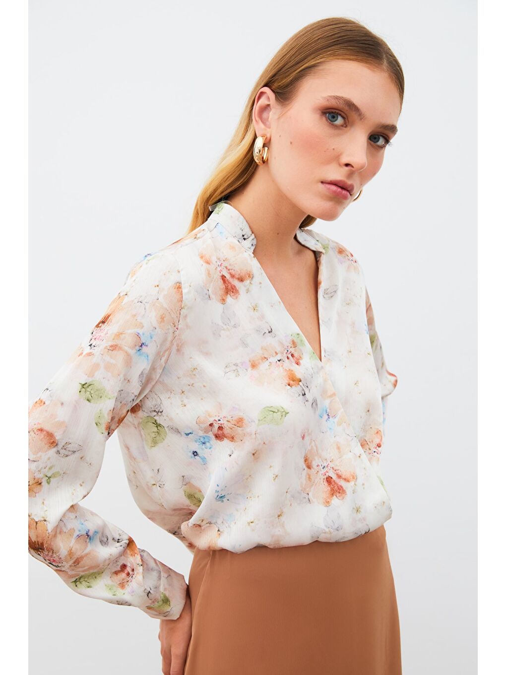 Bej Desenli Kruvaze Bluz - Vizon-4