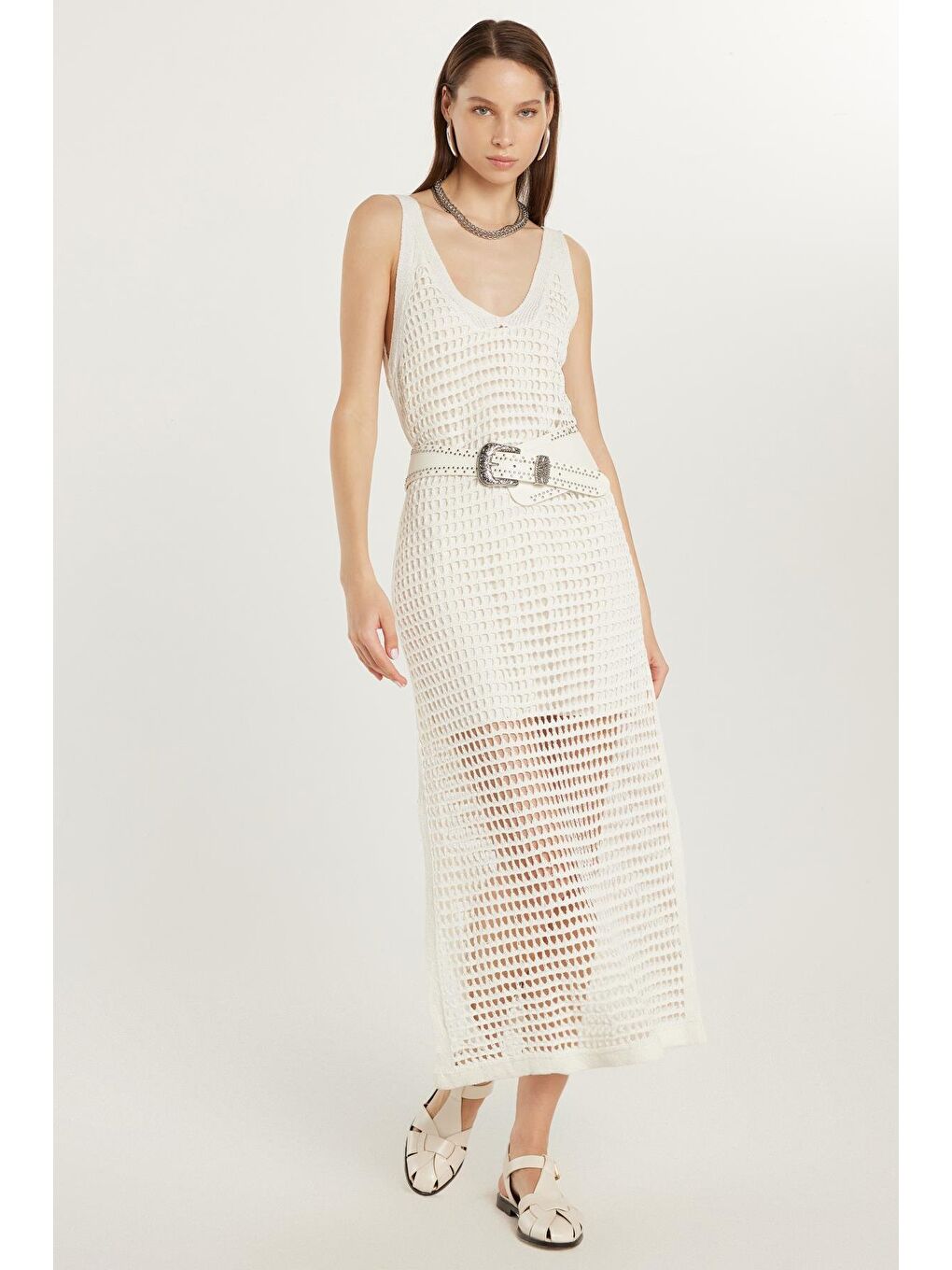 Kadın Standart Fit Desenli U Yaka Ekru Elbise-3