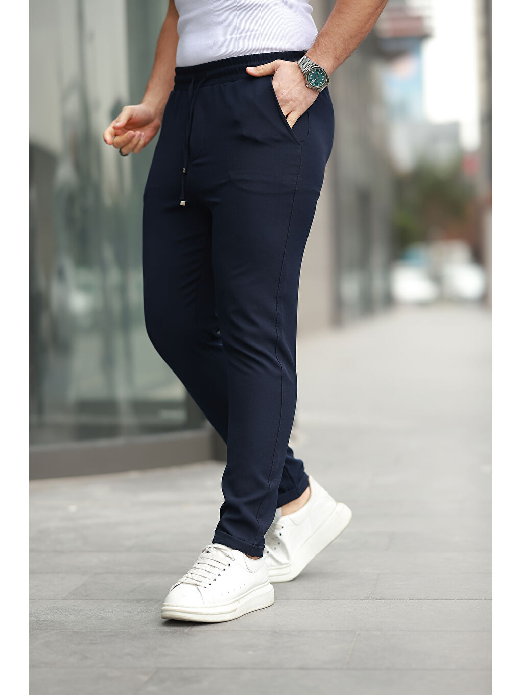Lacivert Trend Beli Lastikli Duble Paça Erkek Pantolon-1