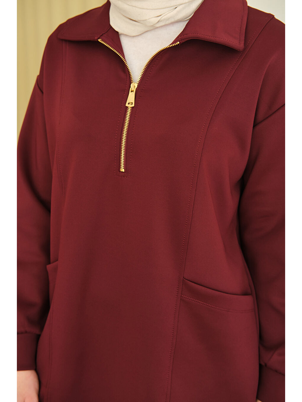 Kadın Cep Ve Yaka Detay Yarım Fermuarlı Sweat Bordo-4