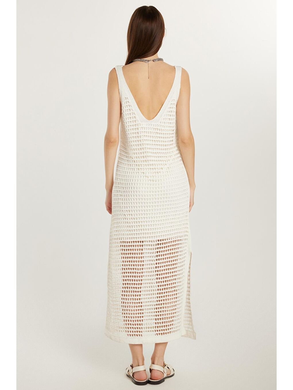 Kadın Standart Fit Desenli U Yaka Ekru Elbise-4