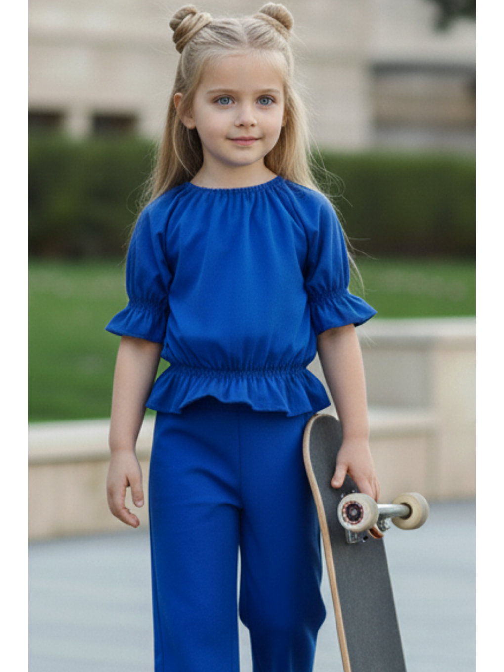 Kız Çocuk Saks Mavi Ocean Madonna Yaka Pantolon Bluz Takım-2