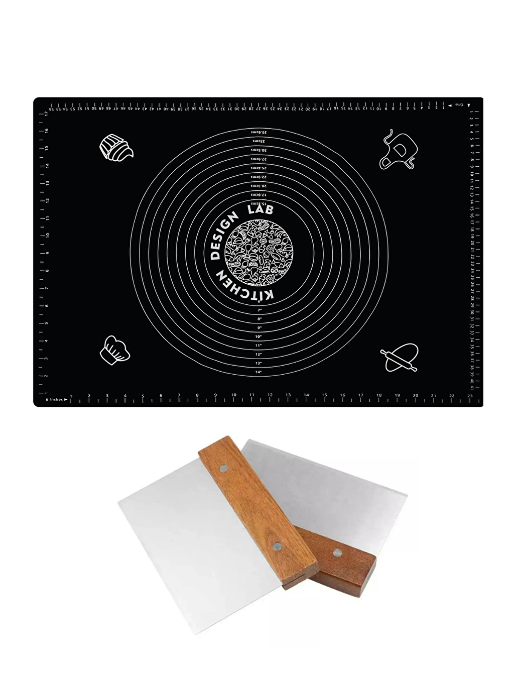 Siyah 45x65 cm Silikon Hamur Açma Matı ve Paslanmaz Çelik Ahşap Saplı Spatula