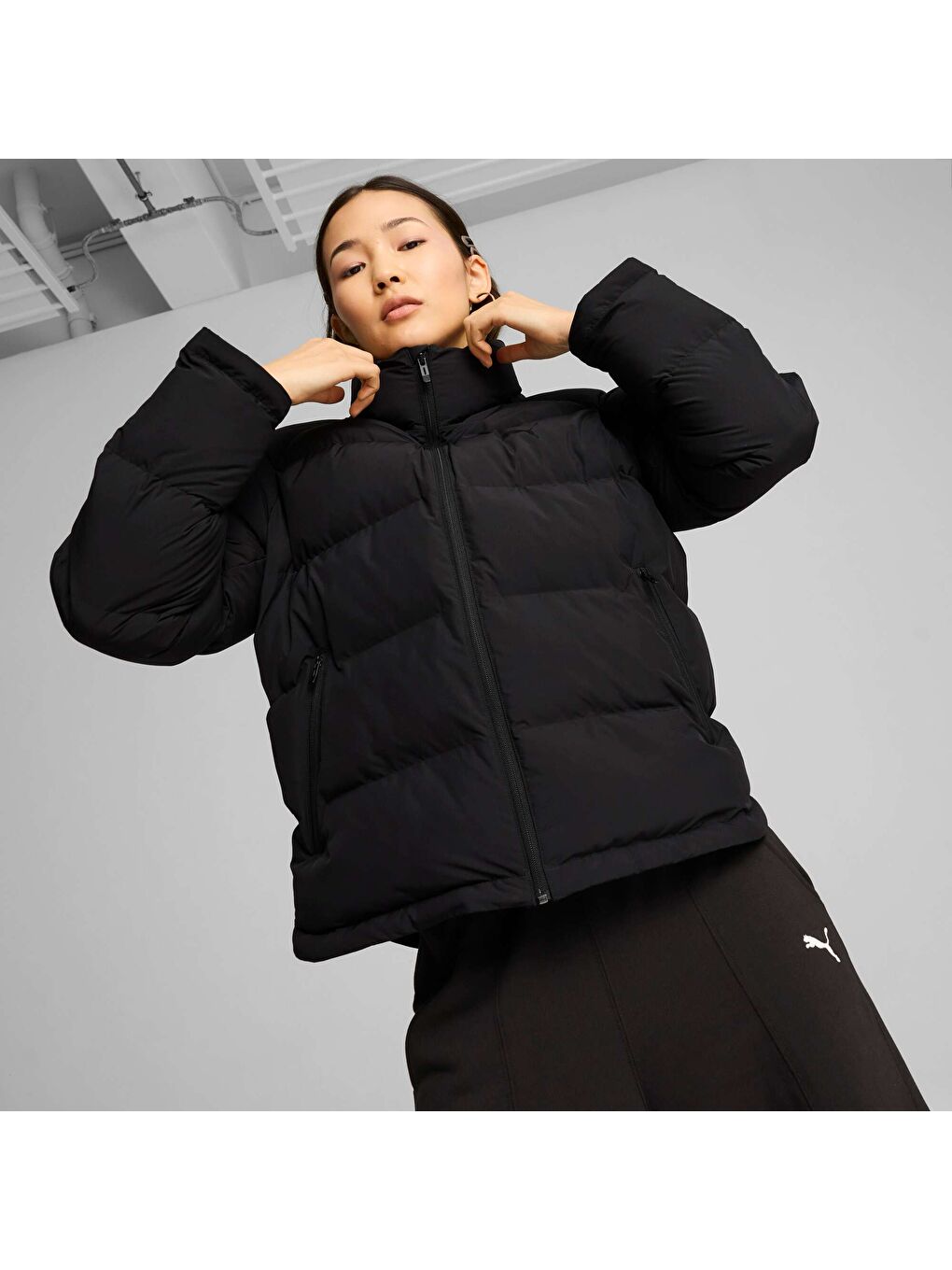 Siyah MONOMATERIAL Kadın Şişme Mont-6