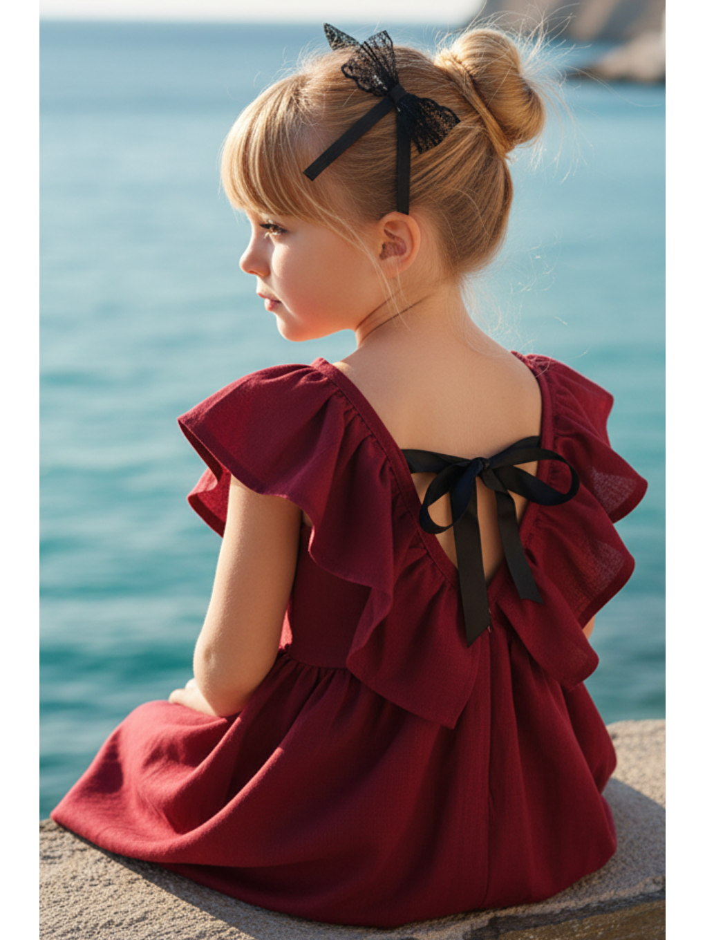 Kız Çocuk Bordo Cherry Fiyonklu Fırfırlı Elbise Toka Takım-1