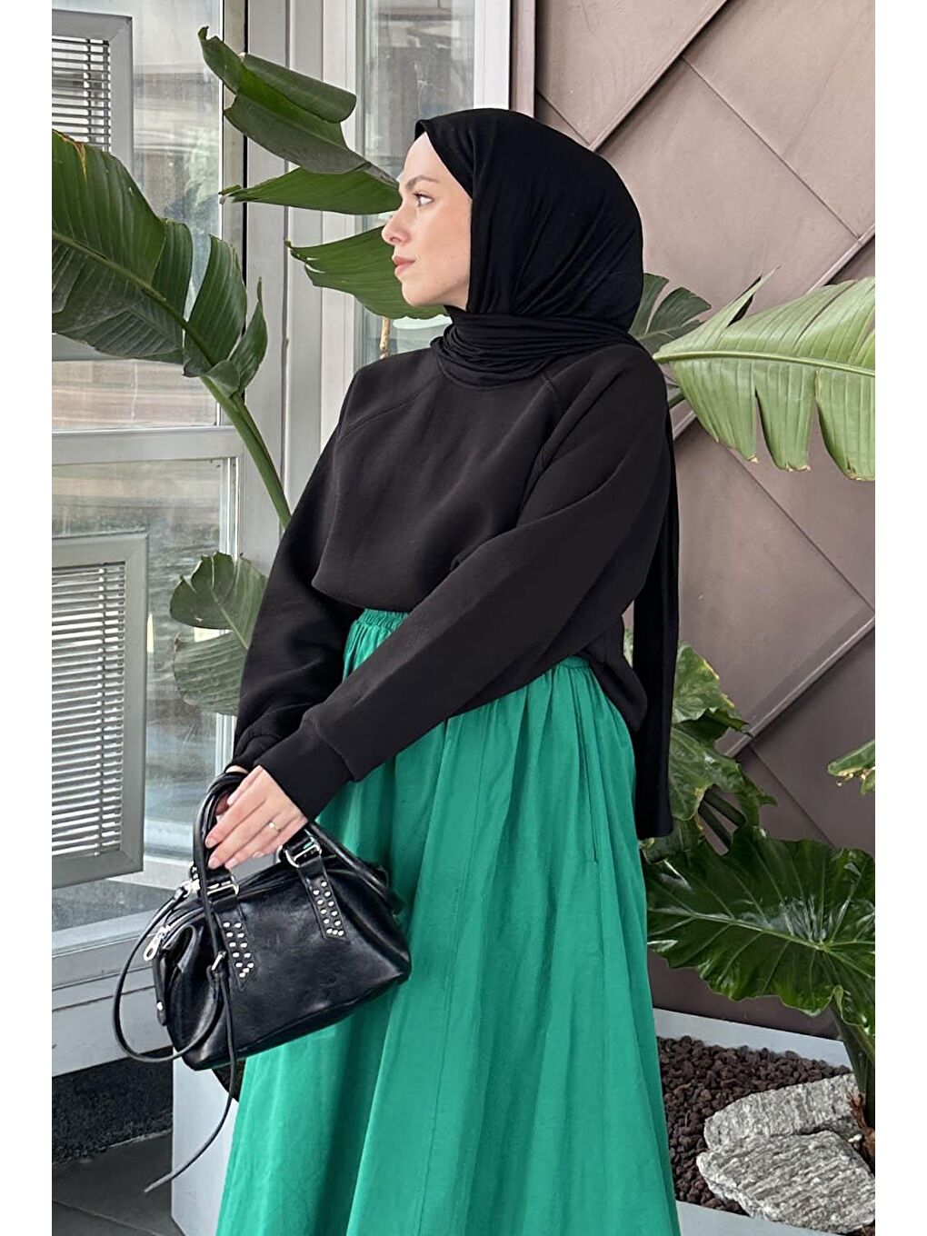 Düşük Omuz Üç İplik Sweatshirt Siyah-3