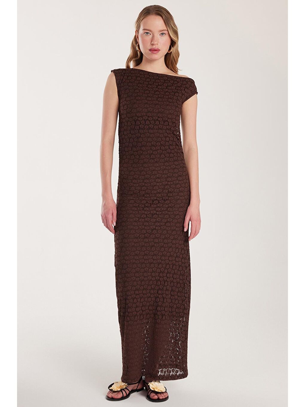 Kadın Standart Fit Omzu Açık Kayık Yaka Dantel Desenli Kahverengi Elbise-3