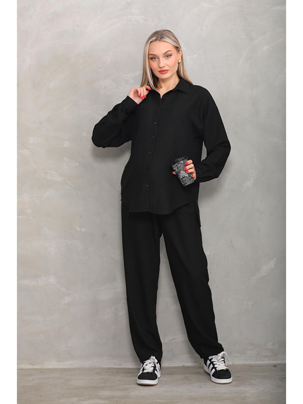 Siyah Bürümcük Oversize Hamile Gömlek Pantolon Takım-1