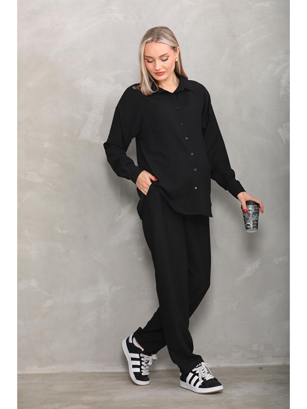 Siyah Bürümcük Oversize Hamile Gömlek Pantolon Takım-2