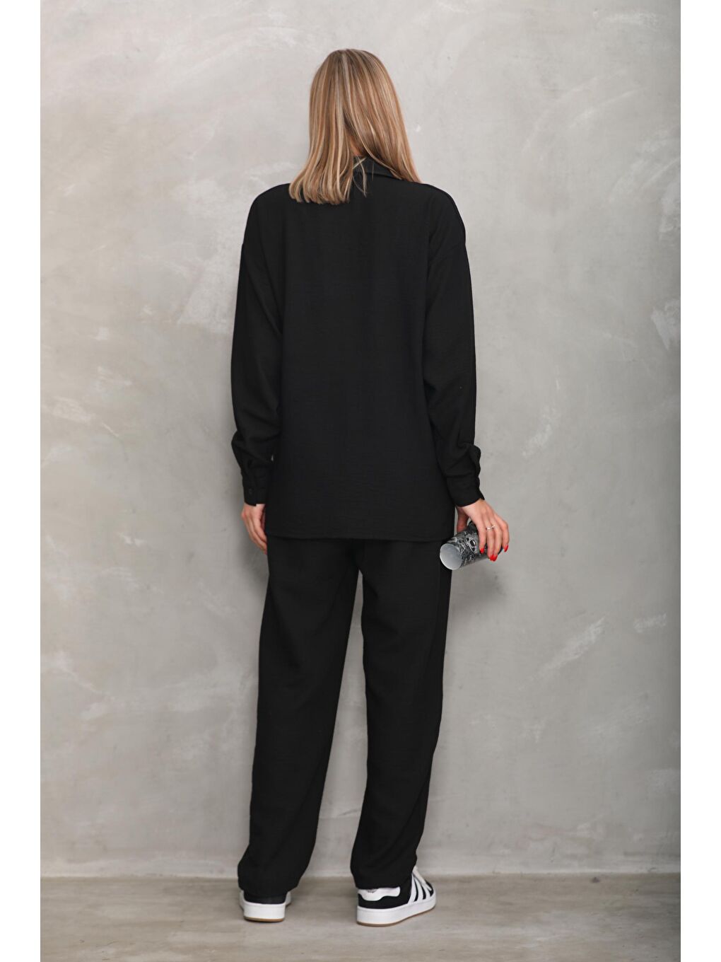 Siyah Bürümcük Oversize Hamile Gömlek Pantolon Takım-3