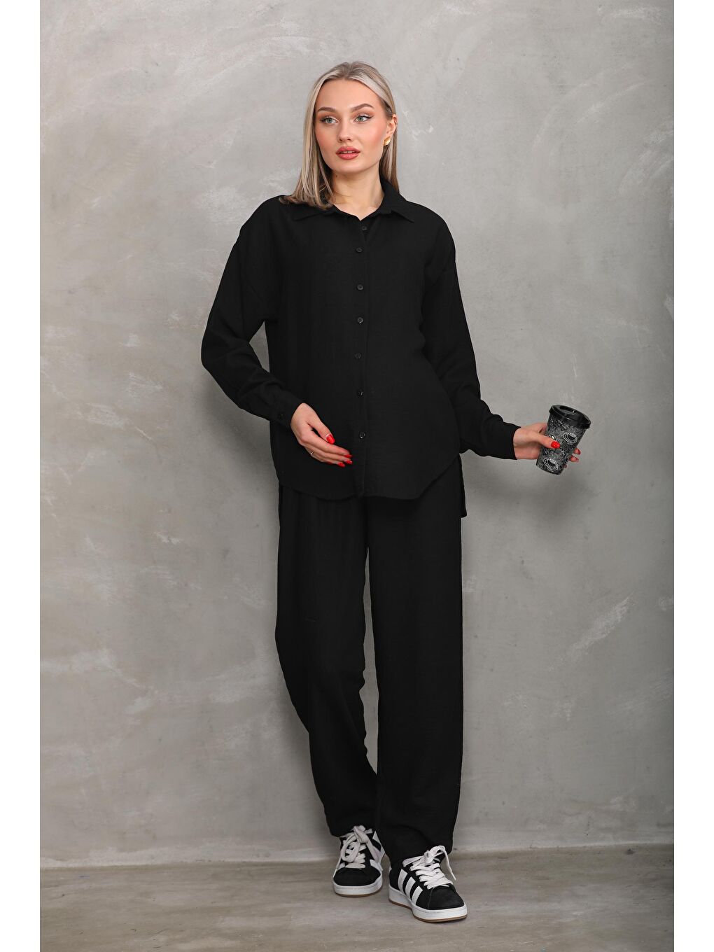 Siyah Bürümcük Oversize Hamile Gömlek Pantolon Takım-4