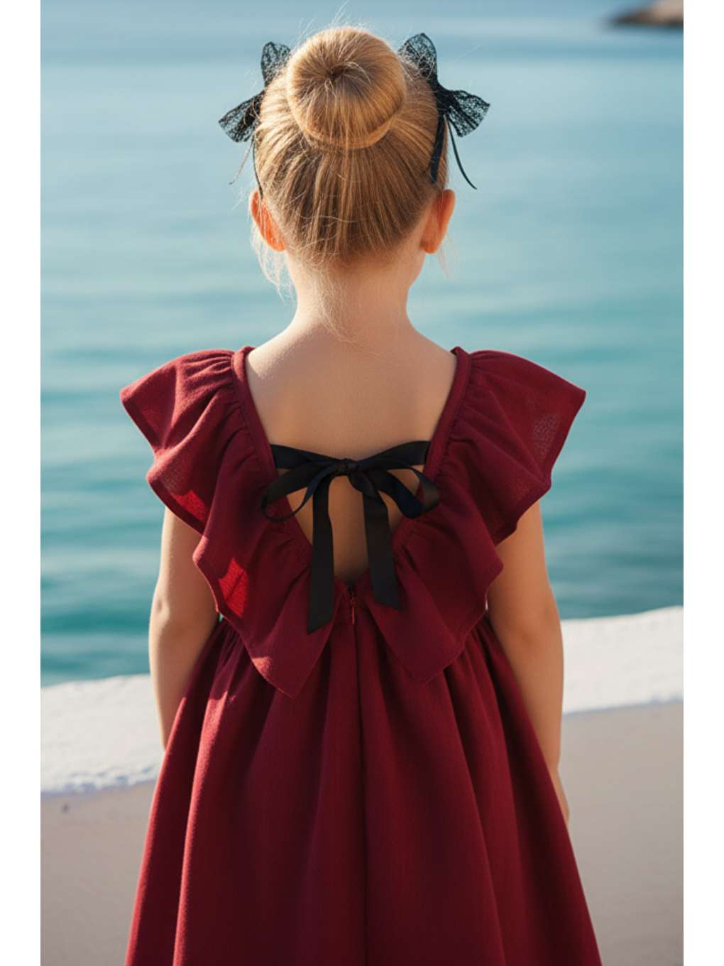 Kız Çocuk Bordo Cherry Fiyonklu Fırfırlı Elbise Toka Takım-2