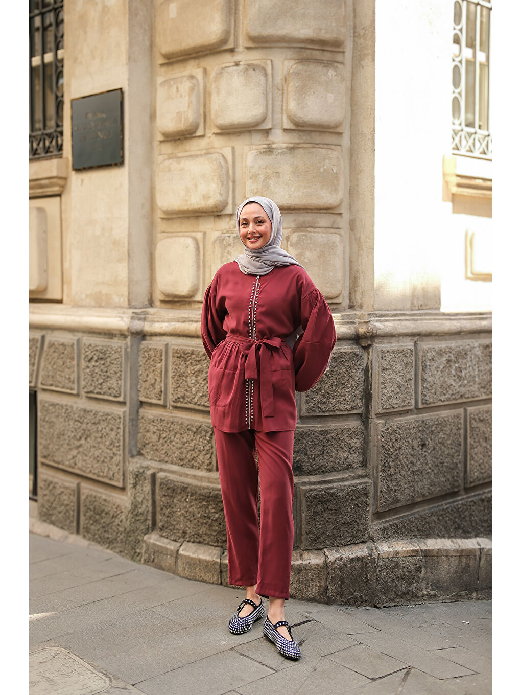 Kadın Fermuarlı Taş Detaylı İkili Takım Bordo-1