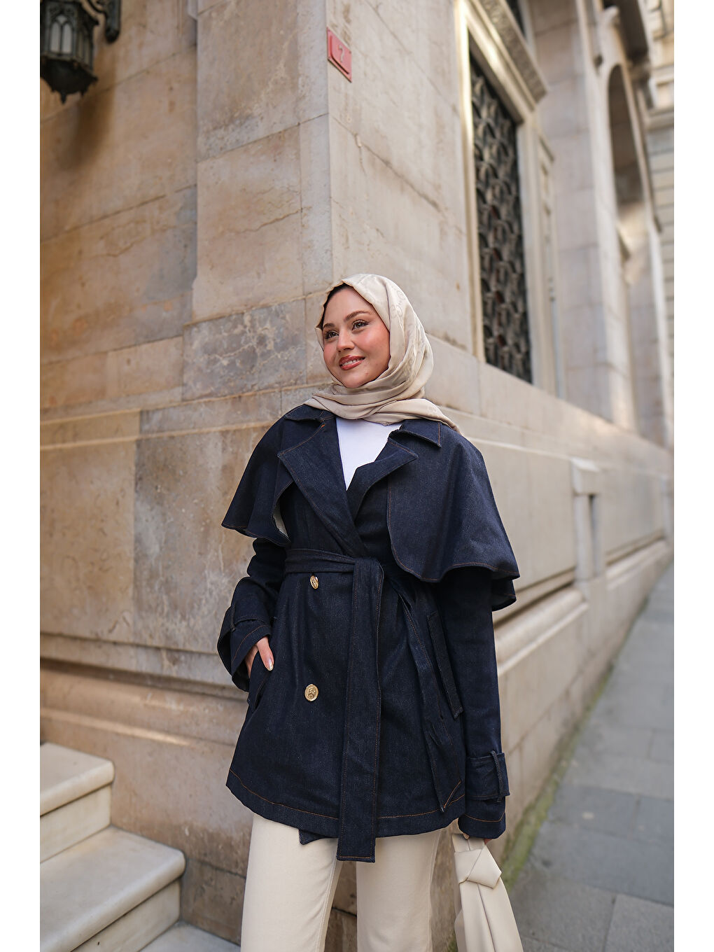 Kadın Pelerin Kollu Kısa Jean Trenç Koyu Mavi