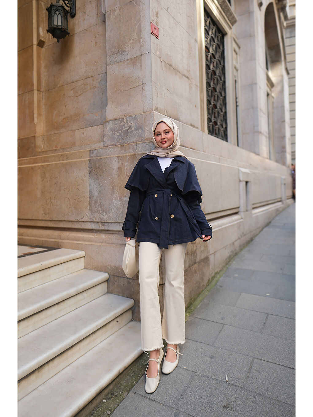 Kadın Pelerin Kollu Kısa Jean Trenç Koyu Mavi-1