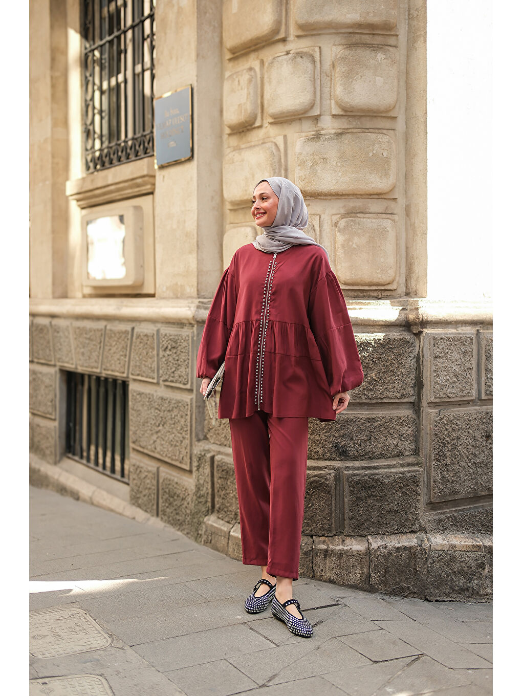 Kadın Fermuarlı Taş Detaylı İkili Takım Bordo-2