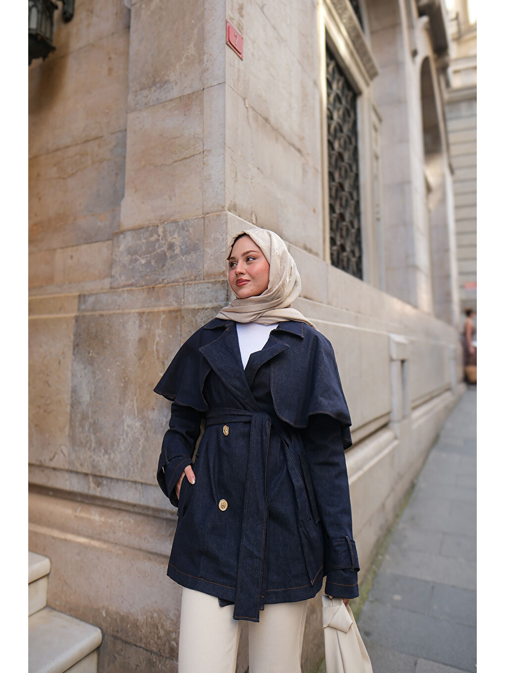 Kadın Pelerin Kollu Kısa Jean Trenç Koyu Mavi-2