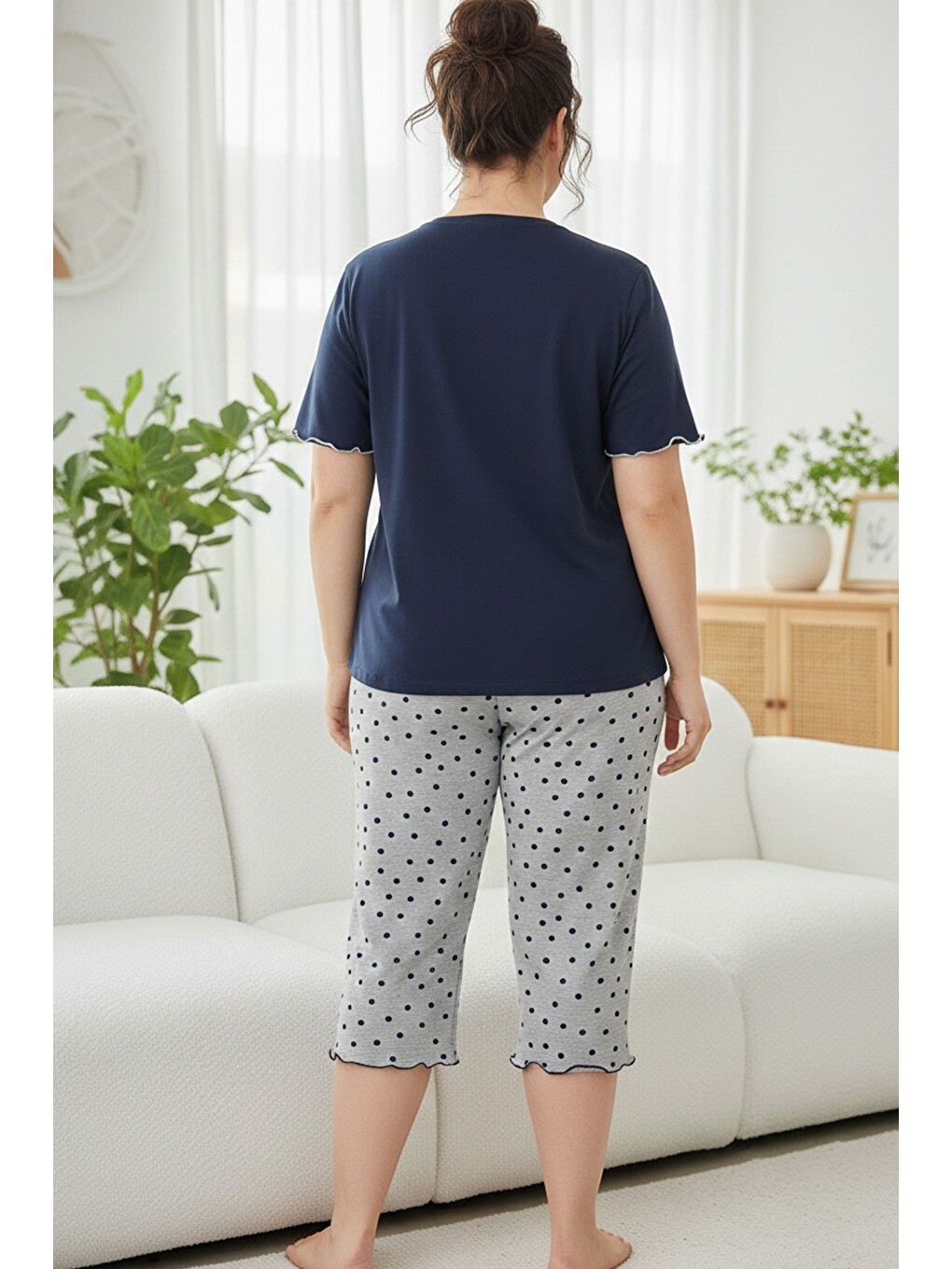 Lacivert Desenli Pamuklu Büyük Beden Battal Boy Örme Kapri Pijama Takım-2