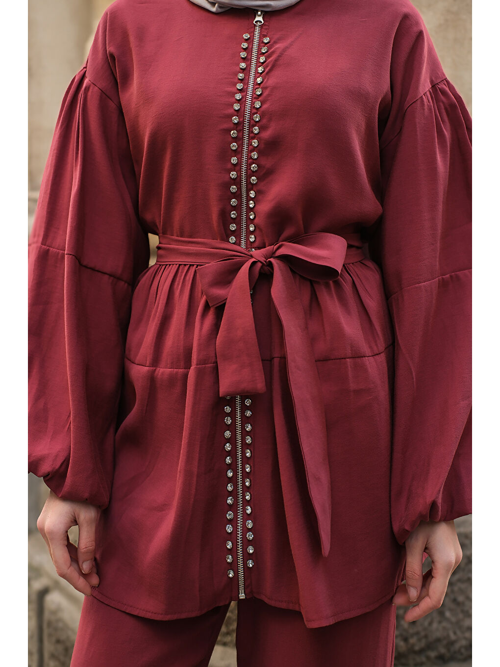 Kadın Fermuarlı Taş Detaylı İkili Takım Bordo-3