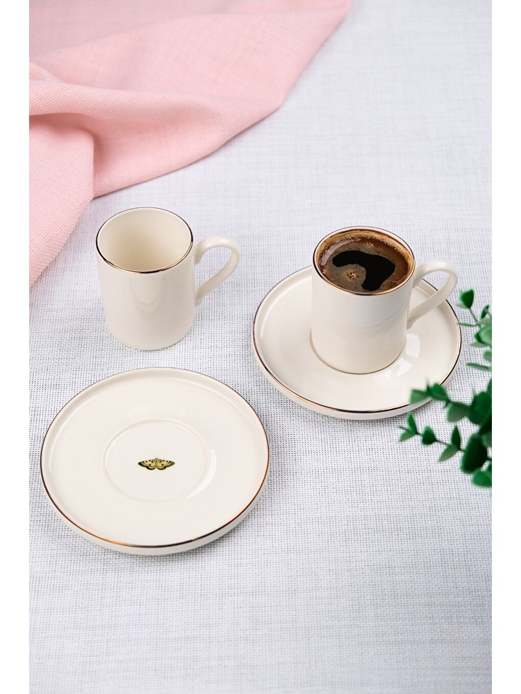 Beyaz Porselen Altın Yaldız Kahve Fincan Takımı Kelebek 90cc 2 Kişilik 4 Parça-1