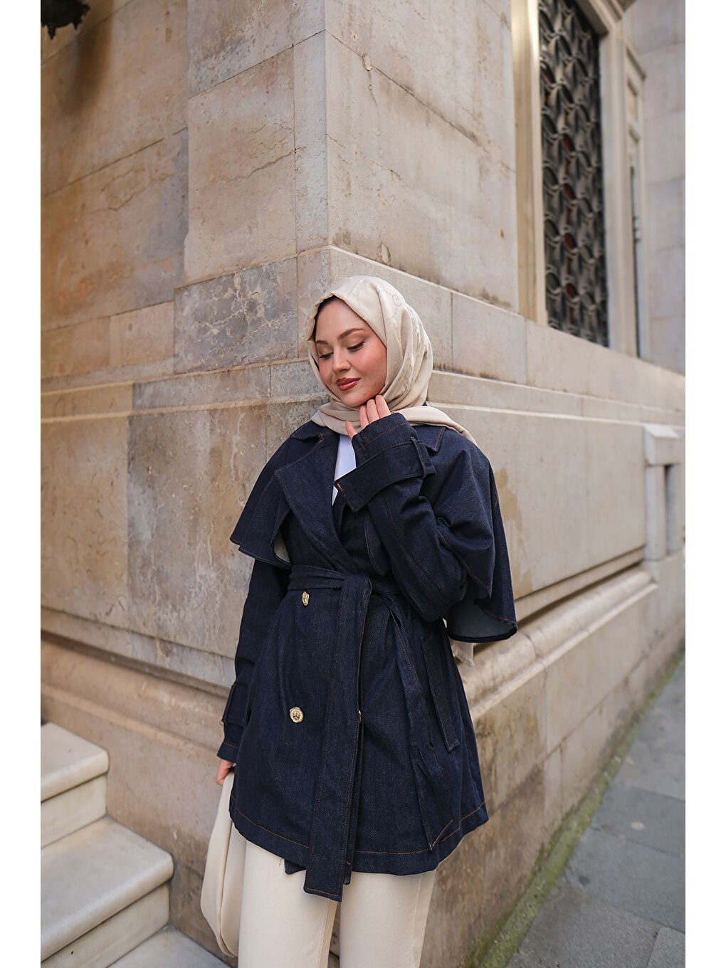 Kadın Pelerin Kollu Kısa Jean Trenç Koyu Mavi-3